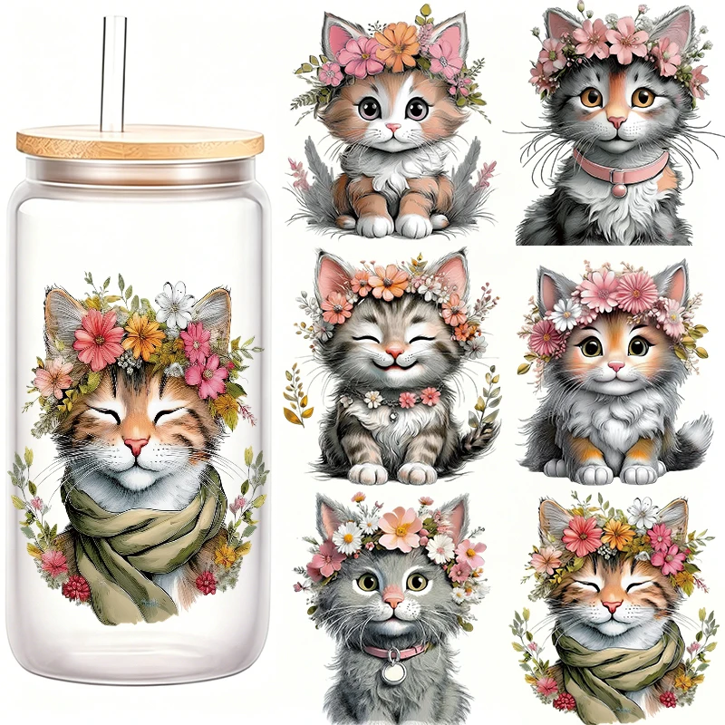 6Pcs Cute Cat with Pink Flower Crown UV DTF Cup Wrap Stickers Kawaii Floral Crystal Transfer Decals for Glass Cups Self-Adhesive