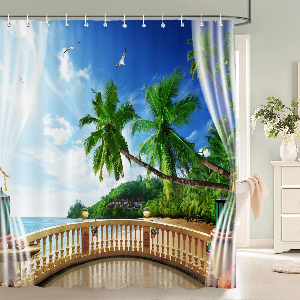 Outside the Window Seaside Scenic Beach Shower Curtains Bathroom Curtain Frabic Waterproof Bath Curtains for Bathroom 180x180cm