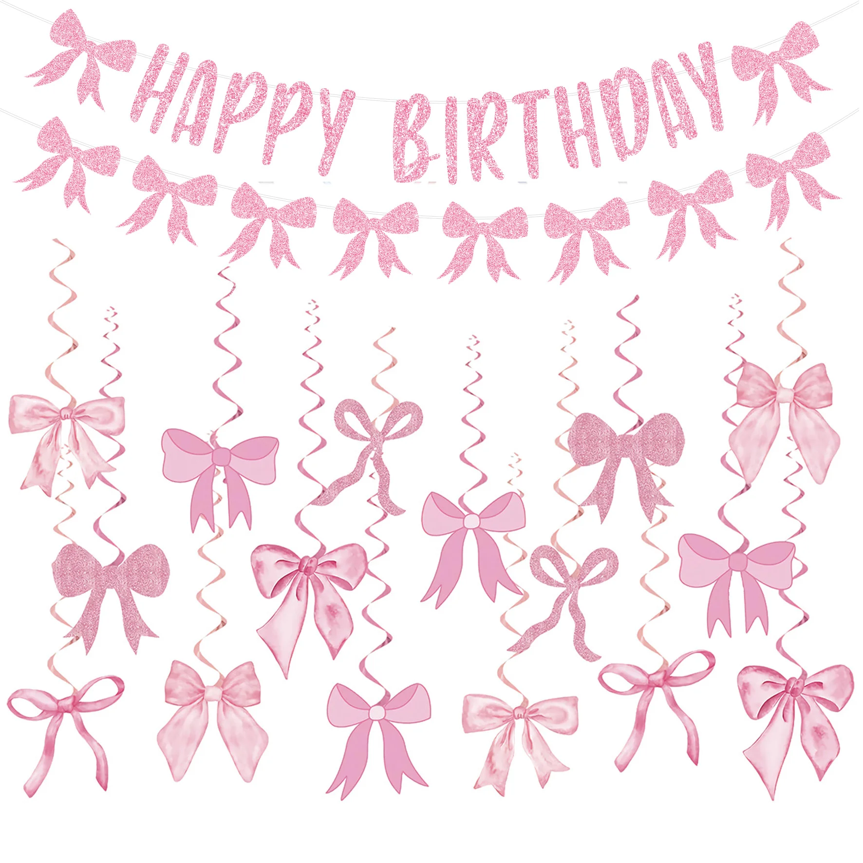 Słodka różowa kokardka z motywem Happy Birthday Banner Swirl Wisząca girlanda Rekwizyty fotograficzne dla dzieci Dziewczyna Urodziny Baby Shower Dekoracja imprezowa