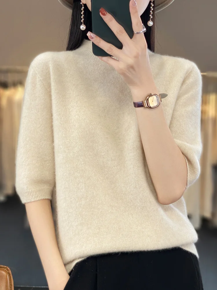 

Spring Summer Autumn Mock Neck Women Sweater 100% Merino Wool Pullover Basic Short Sleeve Cashmere Knitwear Female Clothes Tops