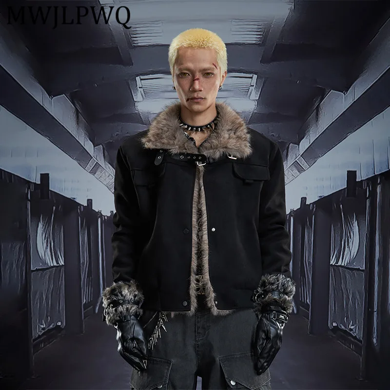 

MWJLPWQ Men Fur Collar Belt Buckle Design Loose Short Cotton Jacket High Street Spliced Pocket Thickened Padded Coat Winter13000