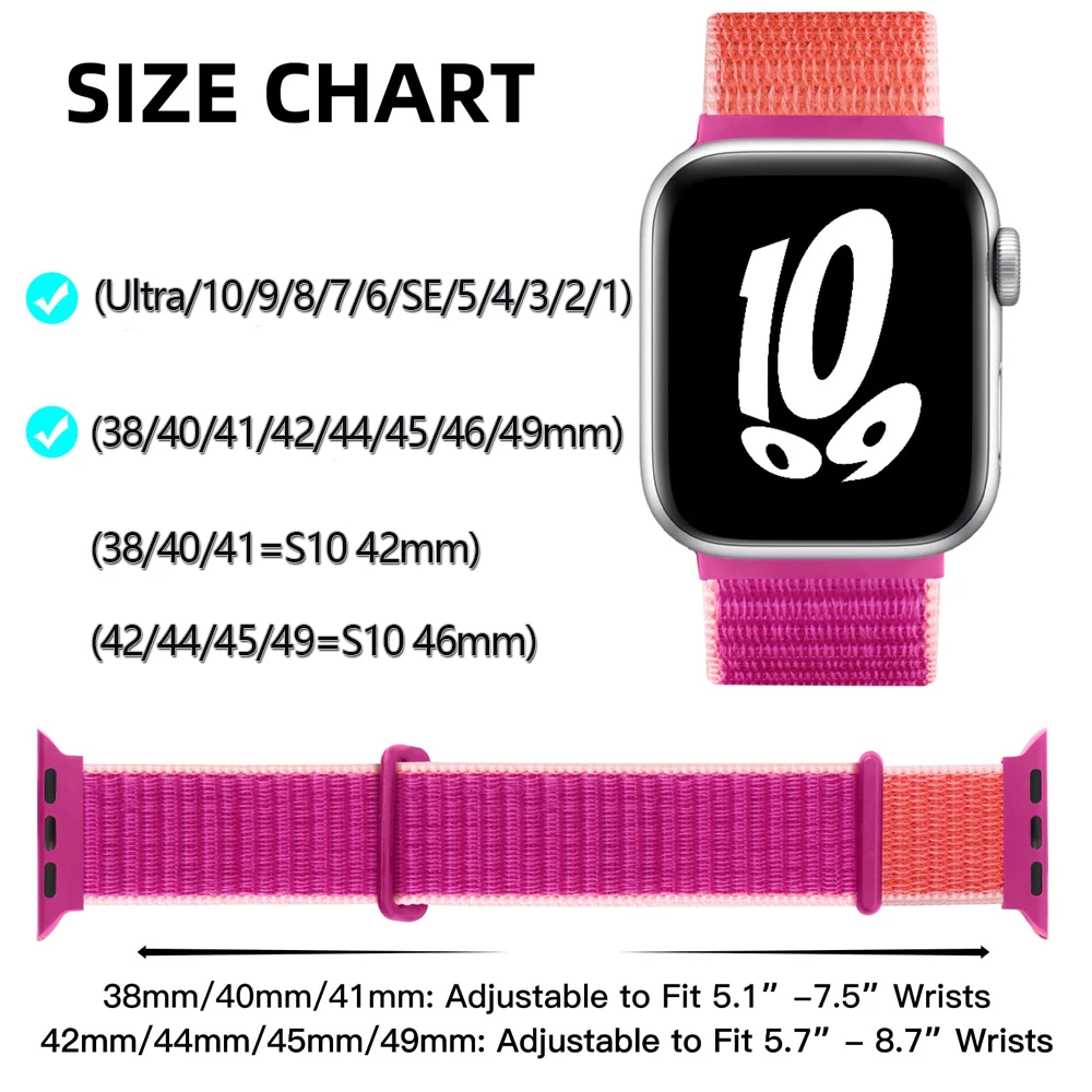 Bracelet en nylon pour Apple Watch Band, Bracelet pour iWatch Series Ultra 10, 9, 8, SE, 7, 6, 5, 3, 40mm, 44mm, 49mm, 45mm, 41mm, 38mm, 42mm, 46mm