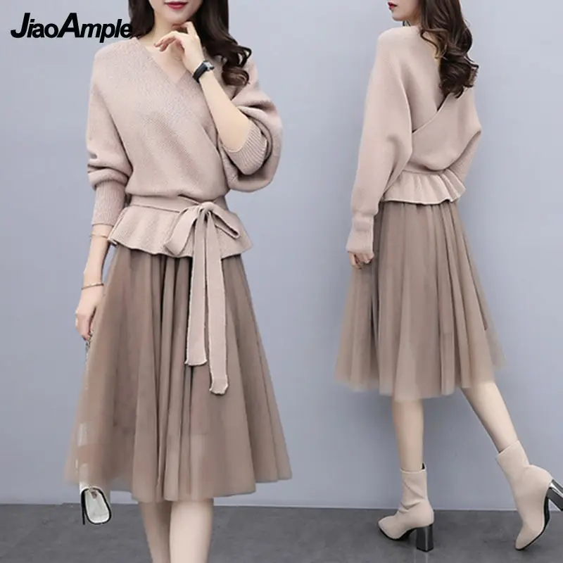 

Women's Autumn Winter Bowknot Sweater Mesh Skirts Two Piece Dress Set 2022 New Korean Lady Graceful Knit Tops Skirt Outfits