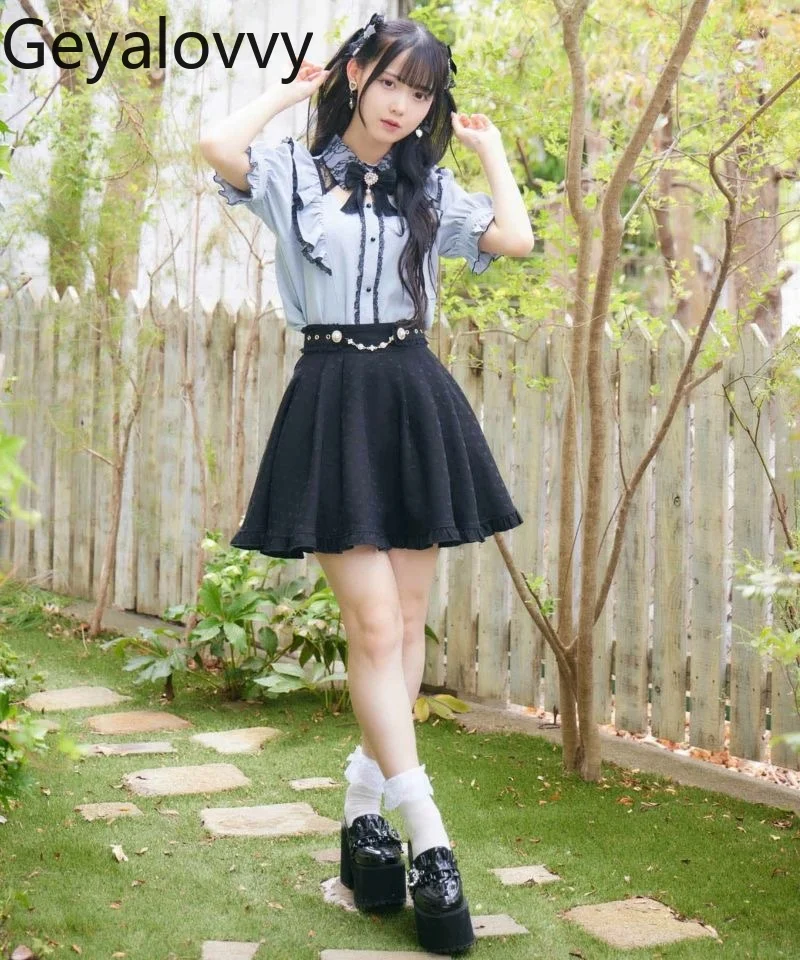 Mine Series Mass-ผลิตเสื้อสีขาวญี่ปุ่นElegant Lace Bow Tieจีบลูกไม้เสื้อแขนสั้นหญิงCamisas De Mujer