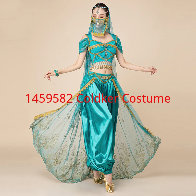 Genie Jasmine Arabian Belly Dance Princess Aladdin Fancy Dress Up Costume 5 Pieces Set (Top Pants Veil Earrings Bracelet Sari )