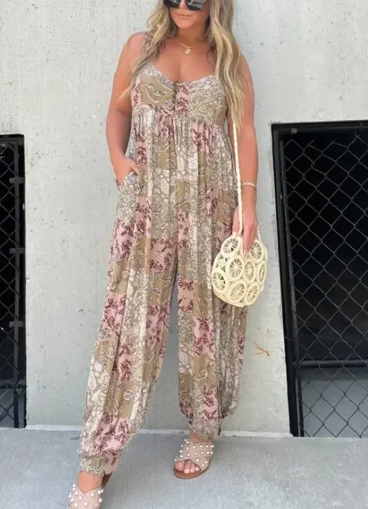 

One Piece Women Summer Vintage Sleeveless Wide Leg Trousers Sling Jumpsuit Loose Printed Flower Casual Ladies Overalls
