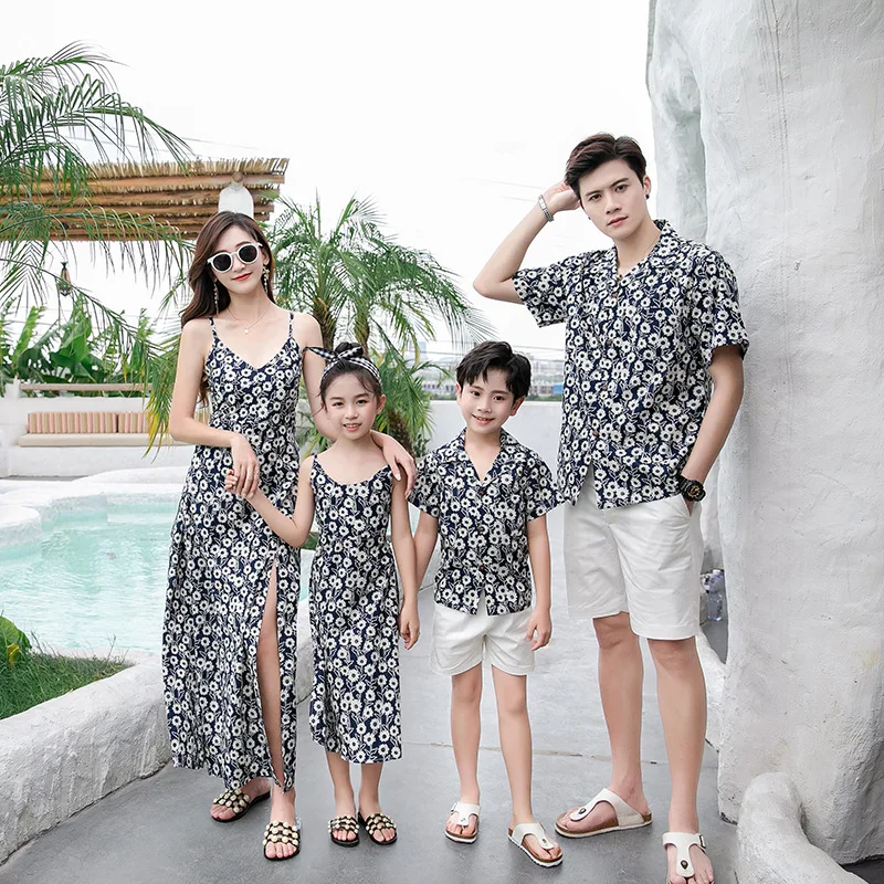 Family Matching Outfit Floral Slit Cami Maxi Dress for Mother Daughter Print Shirt Short Set for Father Son Summer Resort Wear