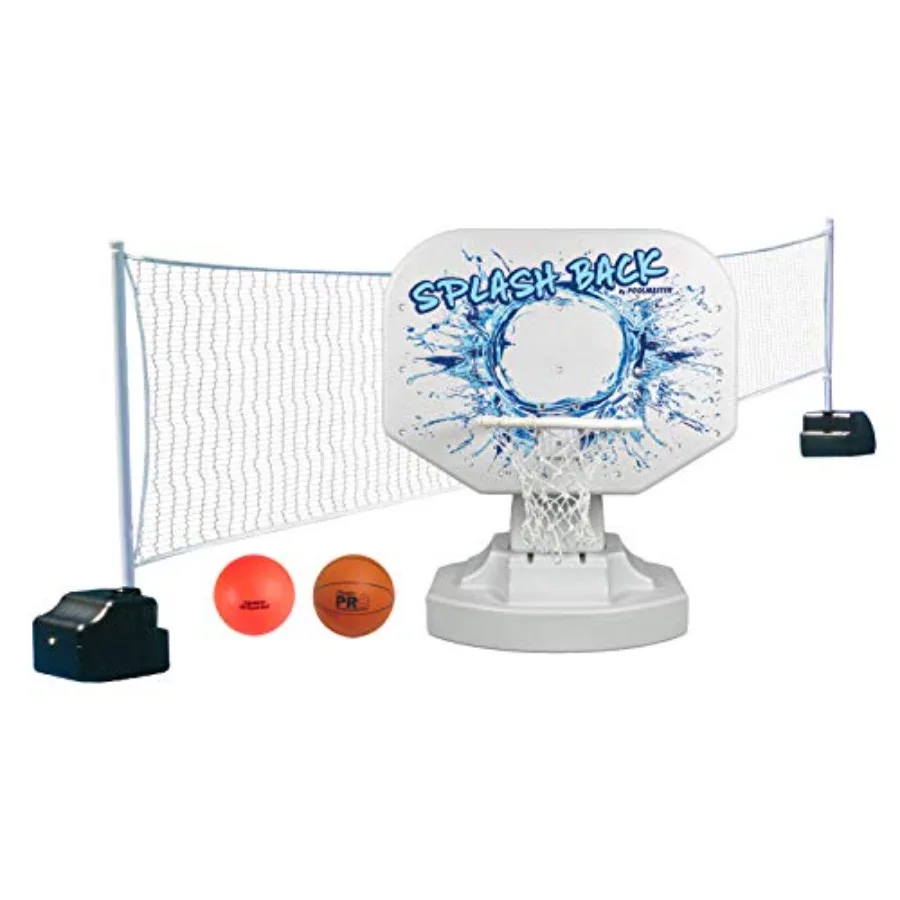 

Poolside basketball/volleyball game for outdoor pool use, durable PVC material, vibrant blue and yellow colors, easy-setup infl