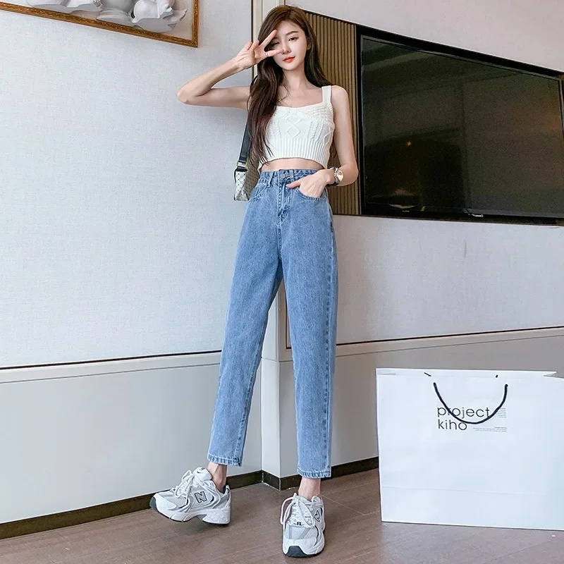 جينز جديد لربيع وصيف 2022 عالي الخصر للتخسيس مستقيم الساق للنساء سروال هيب هوب فضفاض مناسب للبطاطس