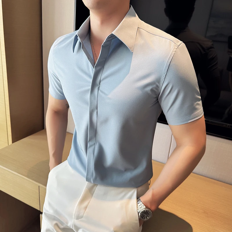 Summer Thin Elastic Short Sleeve Shirt Blue Soft Men's Business Casual Shirt Light Blue Breatheble Hide Placket White 2024 New