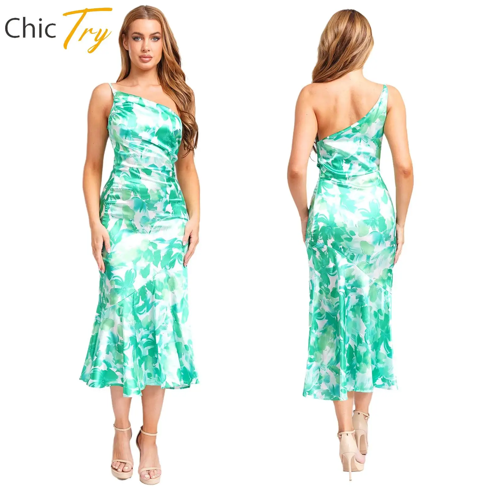 

Womens Elegant Off-the-shoulder Spaghetti Strap Sleeveless Floral Printed Maxi Fishtail Dress for Banquet Wedding Birthday Party