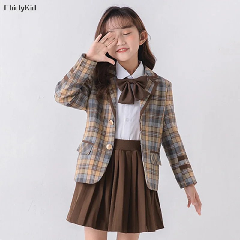 Child School Uniform Girls Korean Japanese Plaid Jacket Pleated Skirts Boys Blazers Formal Dress Suits Kids Student Clothes Sets