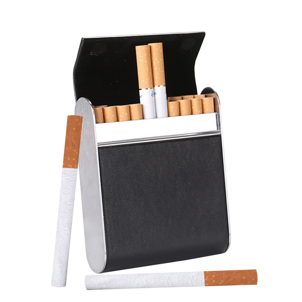 Stainless Steel Flip Cover Cigarettes Case Hold 20pcs 84mm Cigarette Tobacco Holder PU Cigarette Storage Box Men Smoking Gadgets