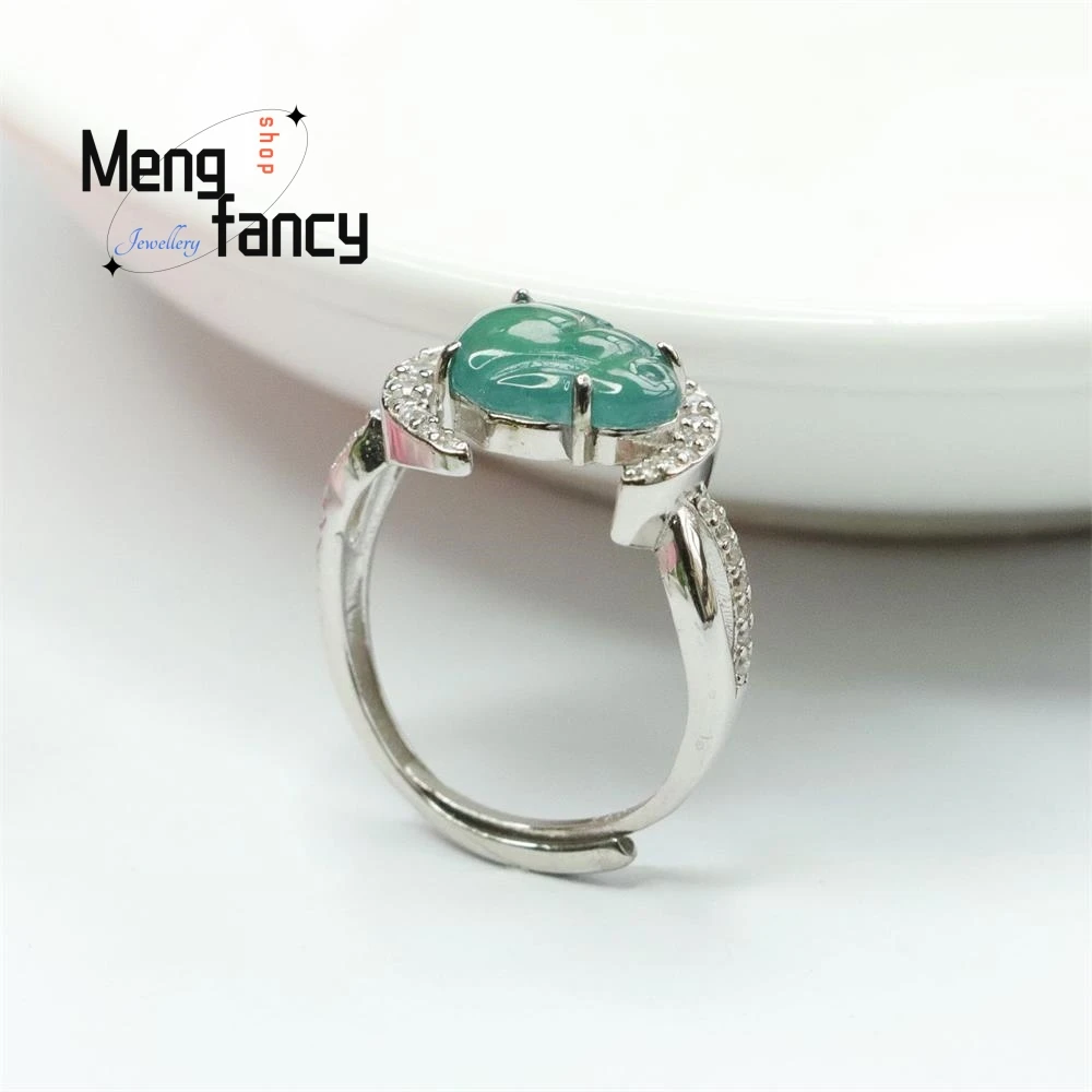 S925 Silver Lnlaid Natural Jadeite Ice Blue Water Zodiac Rabbit Ring Exquisite Elegant Eimple High-grade Luxury Quality Jewelry