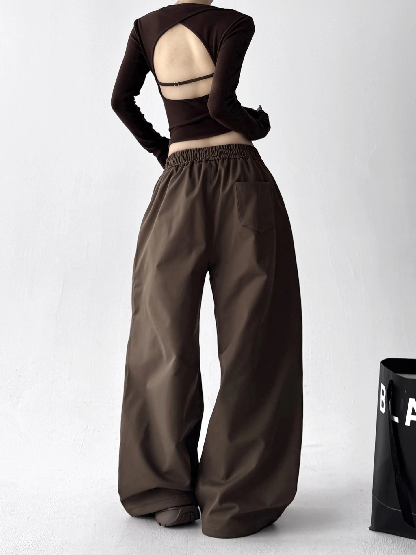 Thiened Fce واسعة الساق الأمريكية الرجعية Sle المرأة سراويل تقليدية فضفاضة مستقيمة مظلة الجندي السراويل عالية الخصر البوليستر... #4