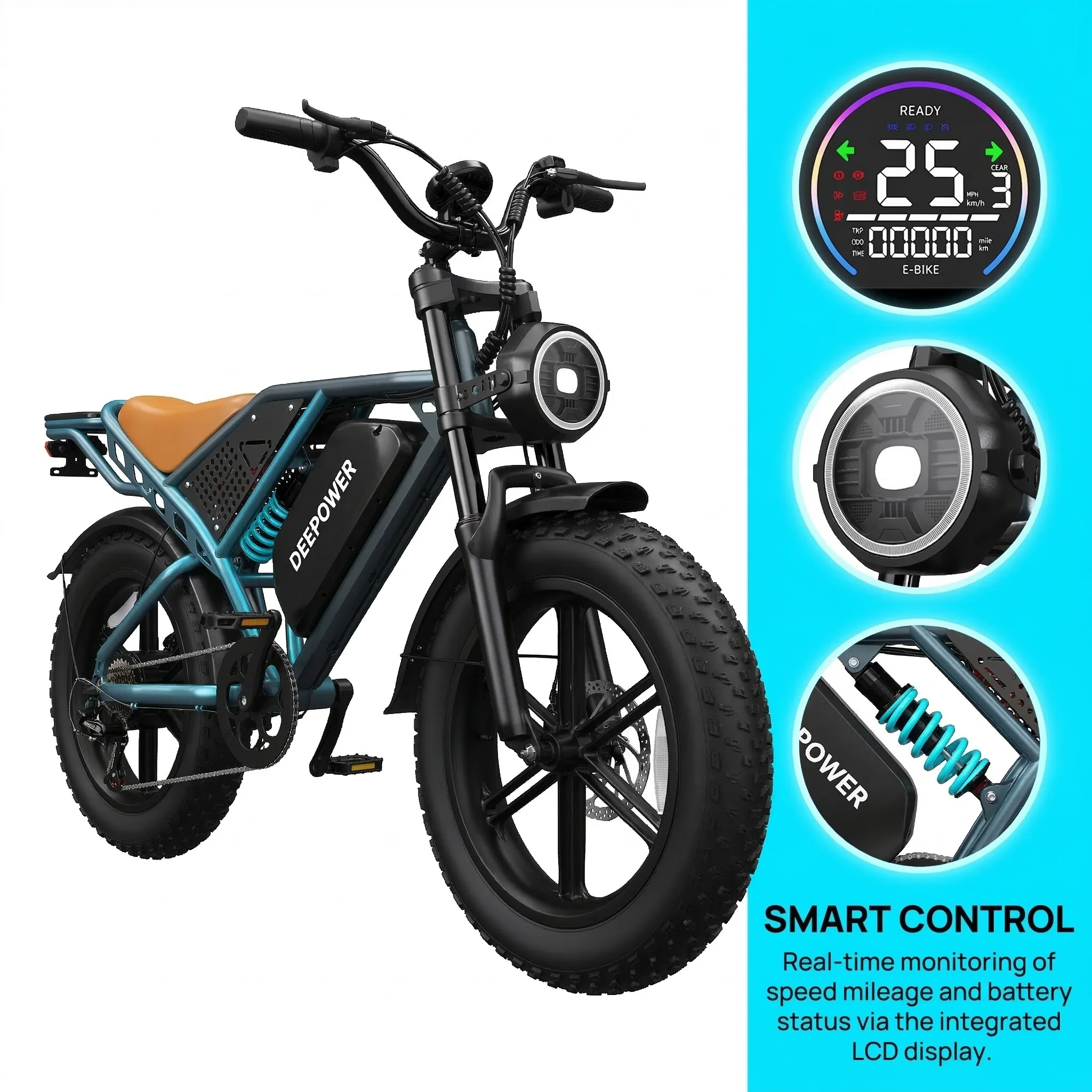 

Электровелосипед DEEPOWER 500W для взрослых, аккумулятор 48V 20Ah, 20-дюймовые широкие шины, скорость до 20 миль/ч, 7-скоростная трансмиссия Shimano, городской электровелосипед.