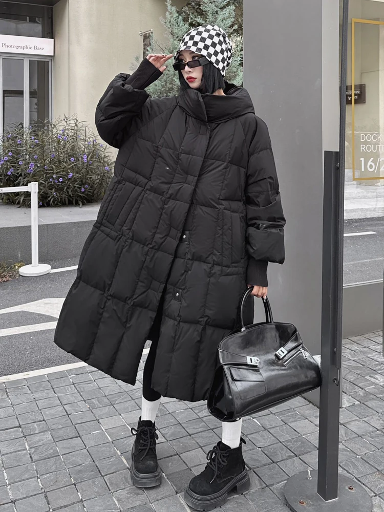 Lange Vintage-Daunenjacke mit Kapuze für Damen, 2026, Wintermode, Puffermantel mit Laternenärmeln, Übergröße, Damen-Outwear INKEO DJ 638