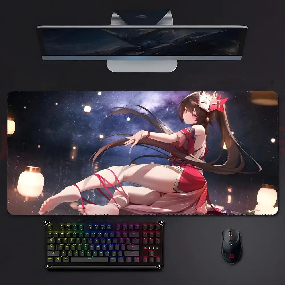 Gaming Mouse Pad, Large Mat, Anti-slip, Stitched Edges, Dark Blue Hair Idol Girl Orange Print, Keyboard Pad for Gaming & Home