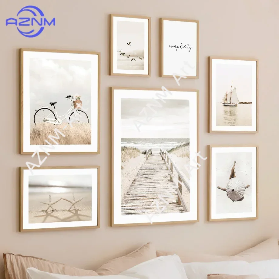 Bike Reed Girl Boat Beach Beige Landscape Nordic Wall Art Canvas Painting Posters Prints Nature Pictures Living Room Home Decor