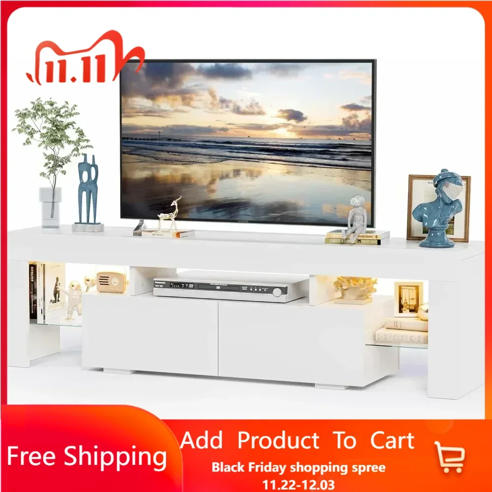 TV Stand with LED Lights, Modern Entertainment Center Media and Open Shelf Console Table Storage Desk with 1 Drawer