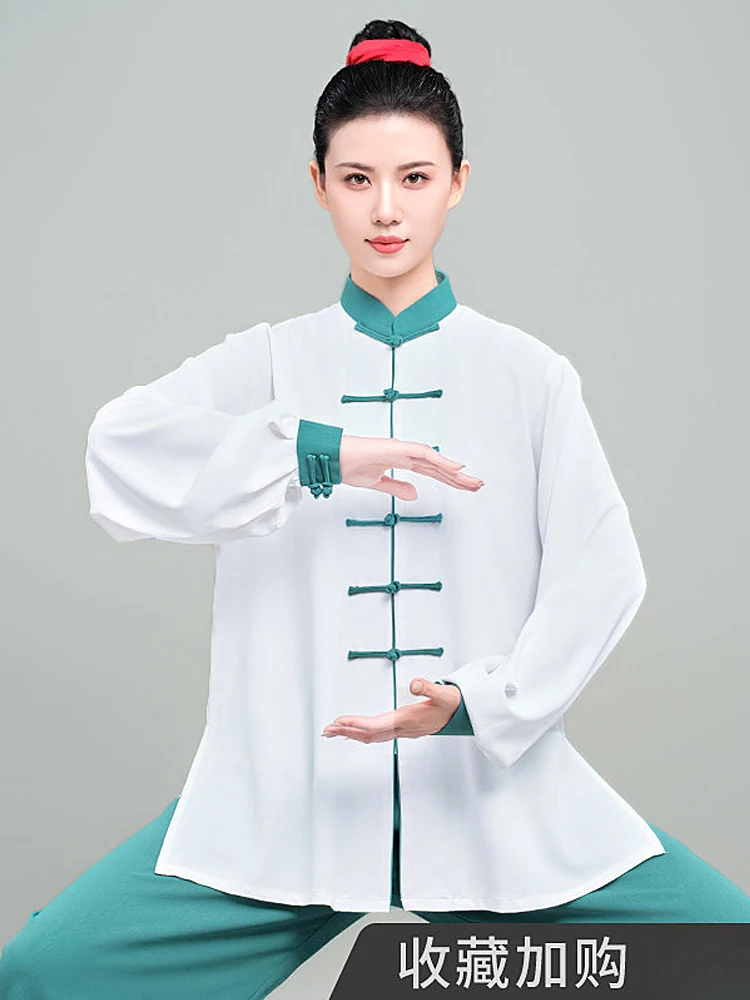 Nouvelle Collection Femme 2026 – Uniforme de Tai Chi Léger Printemps-Été – Lin Gaufré Blanc et Bleu Contrastant pour la Pratique du Ba Duan Jin