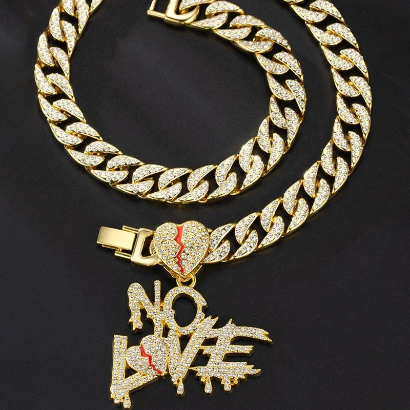 

Hip Hop No Love Broken Heart Pendant Necklace With Thick Cuban Chain Bling Iced Out Rapper Style Jewelry For Party Wear