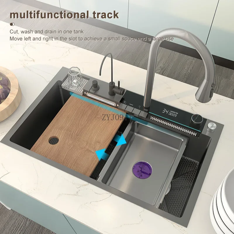 *Waterfall Kitchen Sink Stainless Steel Embossed Large Single Slot Multifunction Digital Display Washbasin For Kitchen