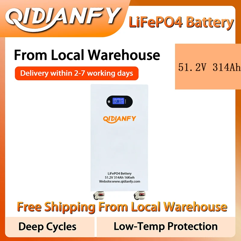Qidianfy 51.2V 314Ah LiFePO4 Lithium Battery 16kWh High Capacity Energy Storage with 200A BMS for Solar Off-grid System Home Backup Power