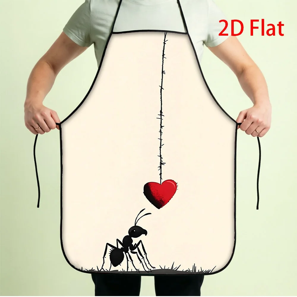 Creative Ant & Red Heart Apron, Minimalist Insect Line Art Print Waterproof Kitchen Bib, Funny Novelty Gift for Men Women