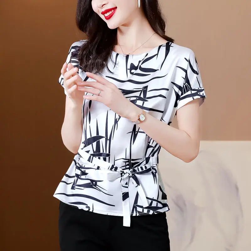 2024 New Summer Korean Fashion Elegant Versatile Chiffon Pullover Round Neck Printed Tied Bow Women\'s Short Sleeved Shirt Top