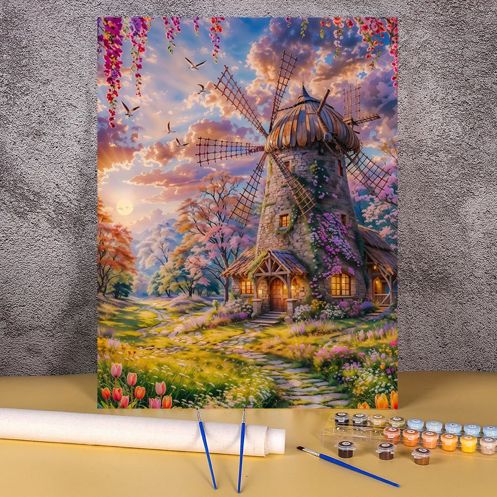 DIY Pictures By Number Windmill Landscape Kits Drawing On Canvas Painting By Numbers Scenery Hand Painted Paintings Home Decor