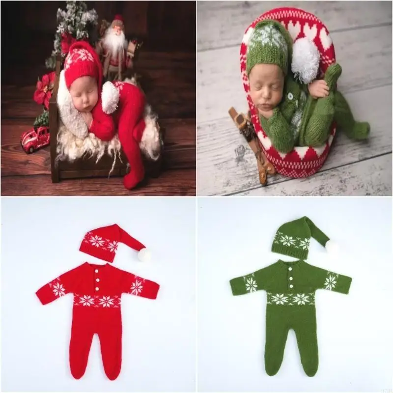 

97BE Christmas Baby Photo Props Newborn Christmas Hat and Jumpsuit Set Santa Outfit Photography Clothing Gift