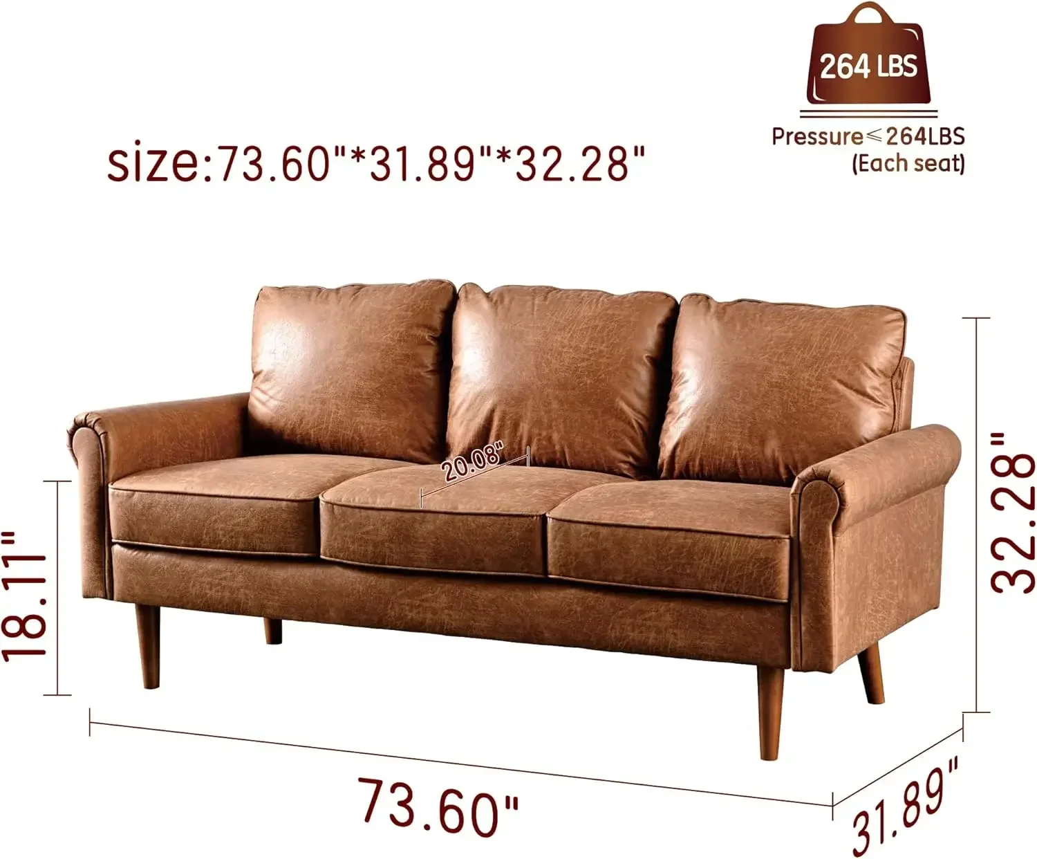 

Mid Century Modern Sofa Couch, Couches with Armrests and Comfy Cushions, Deep Seat Sofas for Living Room Bedroom Apartment