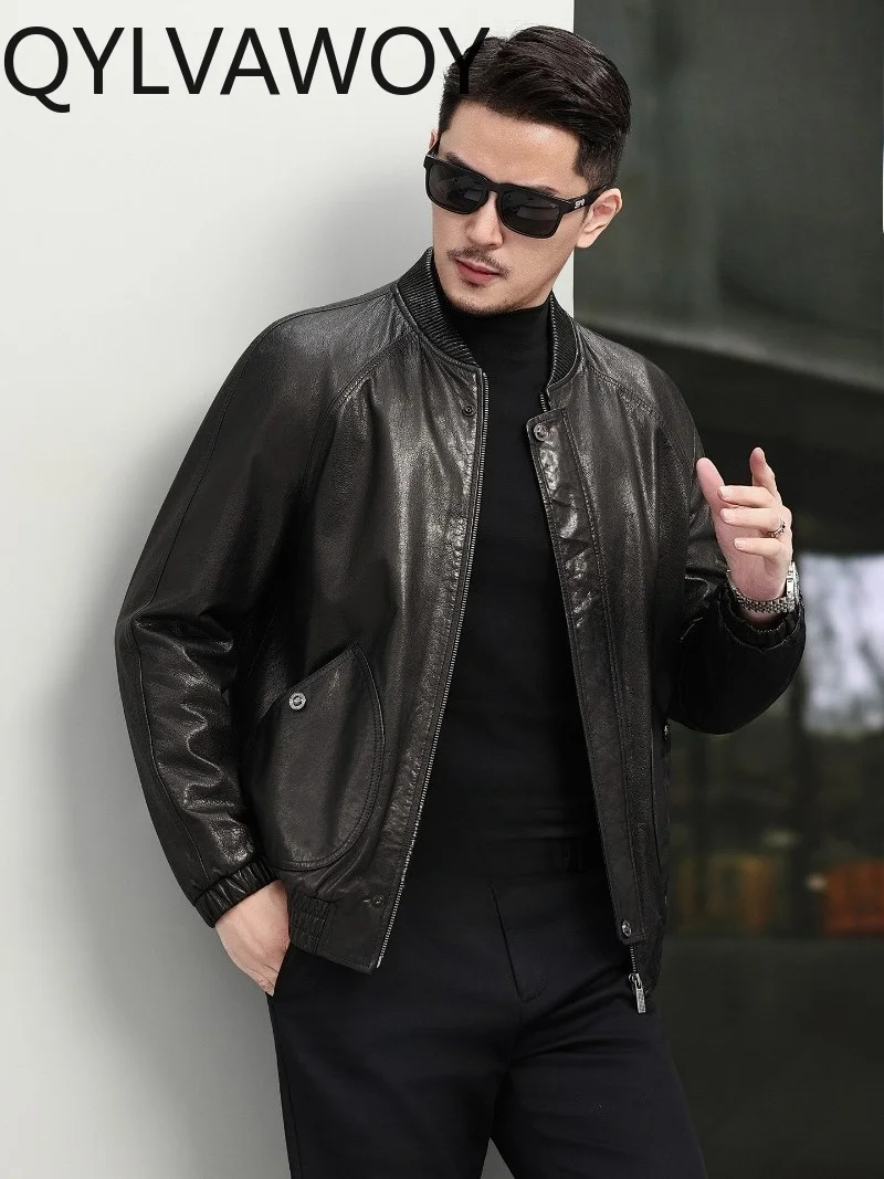 QYLVAWOY High Quality 100% Top Layer Cowhide Real Leather Jacket Men Genuine Leather Coat Baseball Collar Short Motorcycle Coats