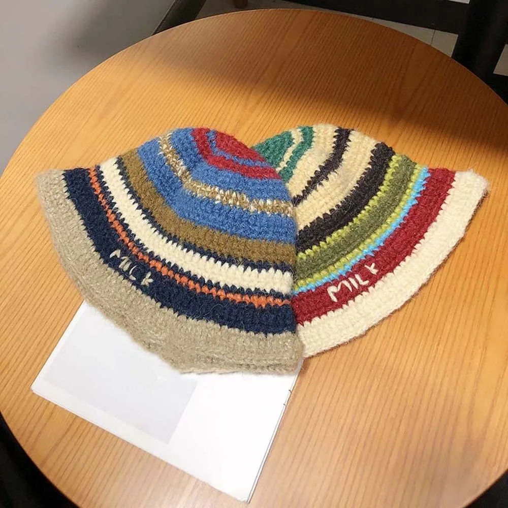Topi Bucket Rajut Hangat Elegan, Topi Nelayan Bergaris Anti-dingin, Topi Kerja Warna Kontras Tahan Angin, Topi Tenun untuk Perjalanan
