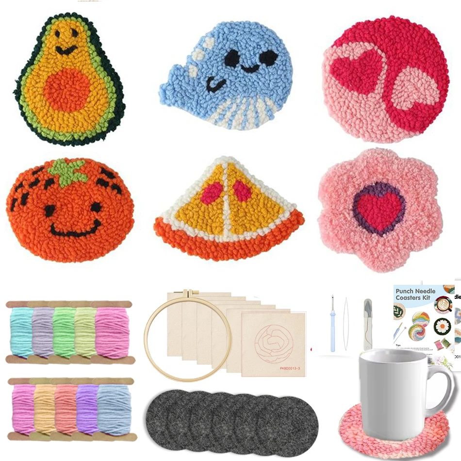 

6Pcs Cup Mat Coaster Cartoon style DIY Punch Needle Coaster Kits for Beginners Drink Mat Plate Coasters for Mugs and Cups Rug Pa