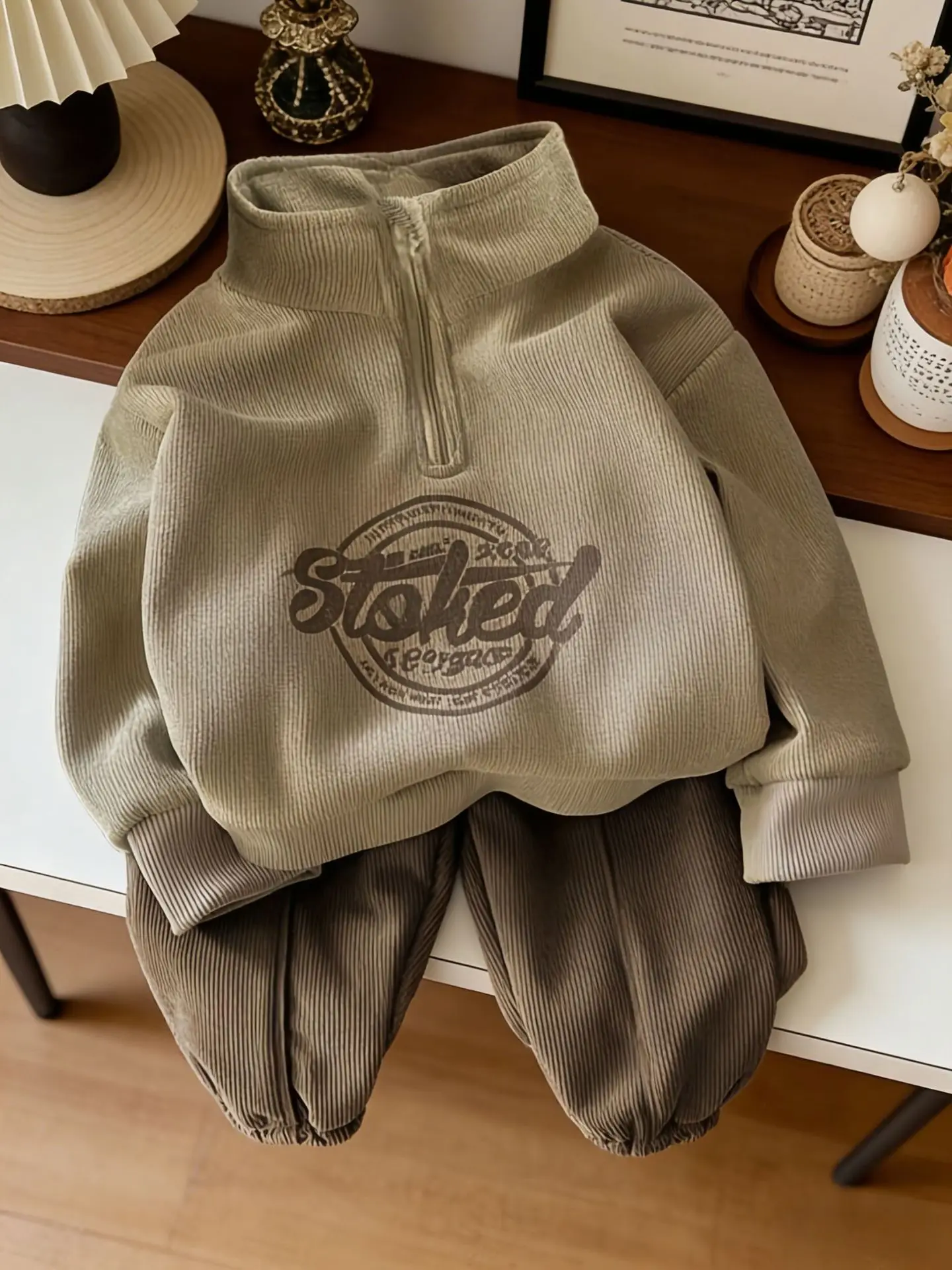 Toddler Kids 2Pcs Corduroy Tracksuit Half Zip Stand Collar Letter Print Sweatshirt Elastic Cuff Jogger Pants Retro Outfit Set