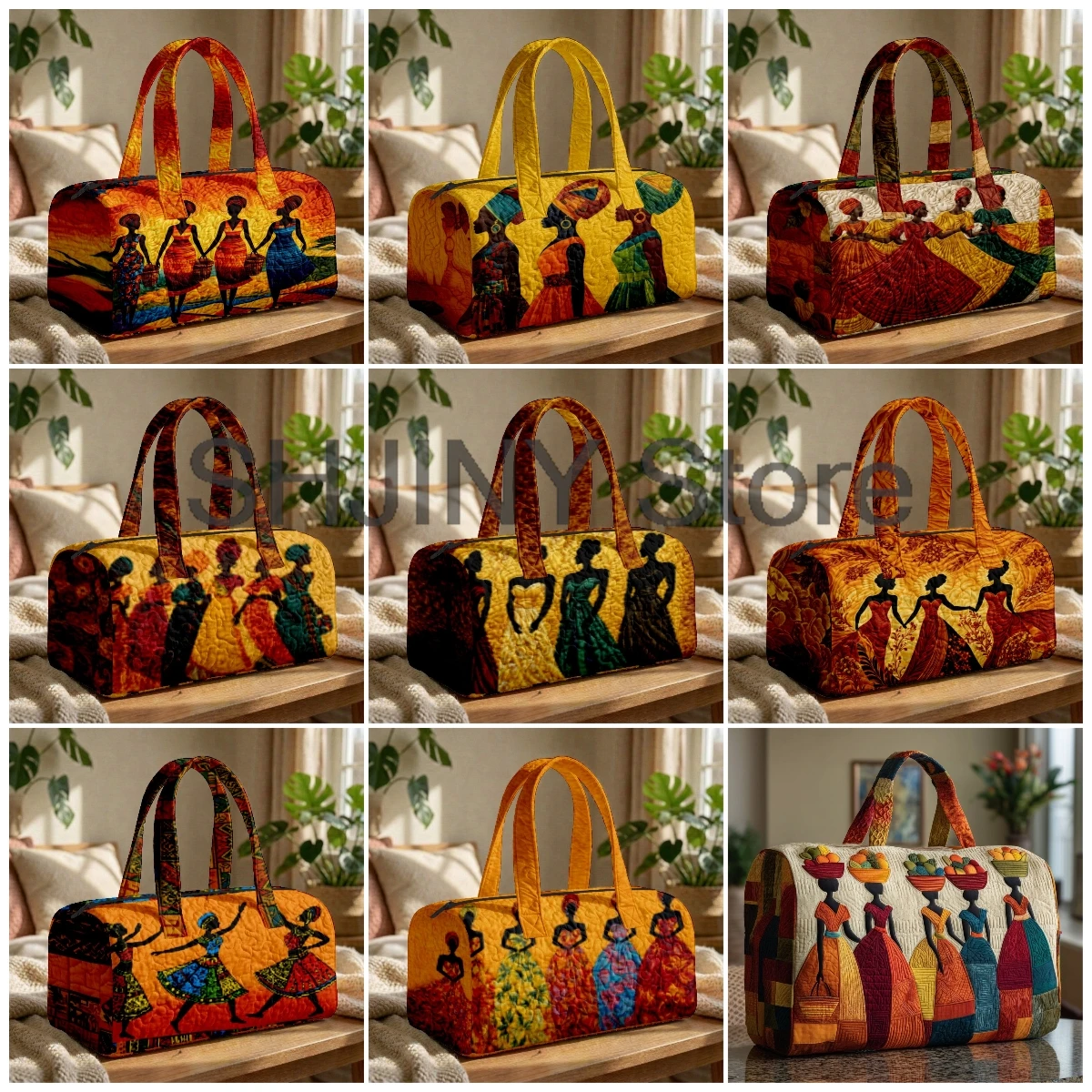 

African Women Print Quilted Duffle Bag Tribal Patchwork Travel Tote Handbag Men's Weekender Bag