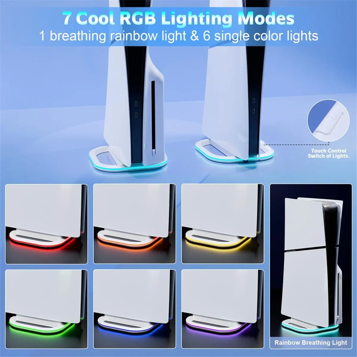 DTD1090~Vertical Stand for / Slim Games Consoles Desktop Non-Slip Base with 7 RGB Lights for Black