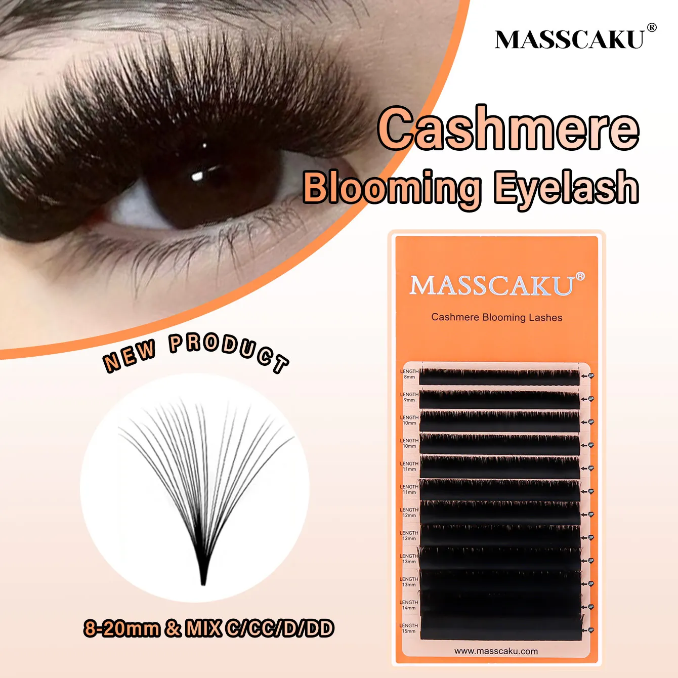 MASSCAKU Cashmere Blooming Eyelash 12 Rows Individual Matte Black Lashes Professional Classic Soft Natural Lash Bulk Makeup Tool