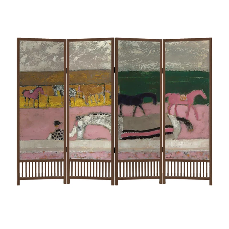 

Modern medieval oil painting horse group solid wood screen partition living room bedroom sofa household cover entrance entrance