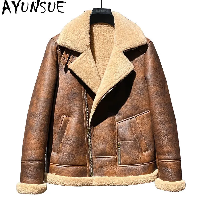 

AYUNSUE Natural Fur Coat Man Warm Winter Clothing Genuine Sheepskin Leather Jacket Men Dark Brown Leather Fur Jackets Chaquetas