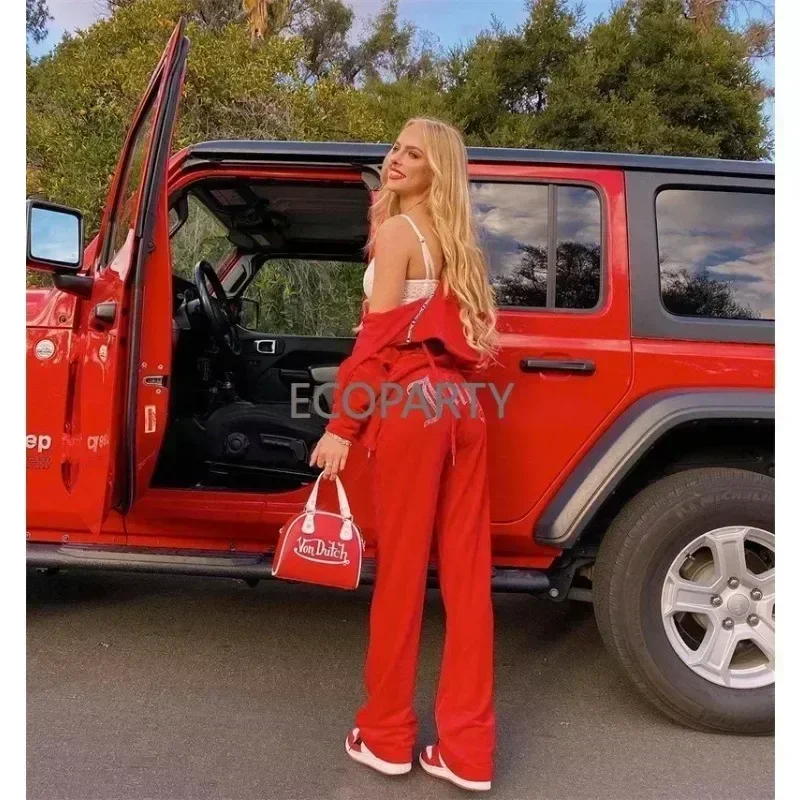 Women Soild Velvet Two Piece Set Beading Letters Juicy Couturs Tracksuit Sexy Hooded Crop Top Jacket Flare Pants Y2K Streetwear