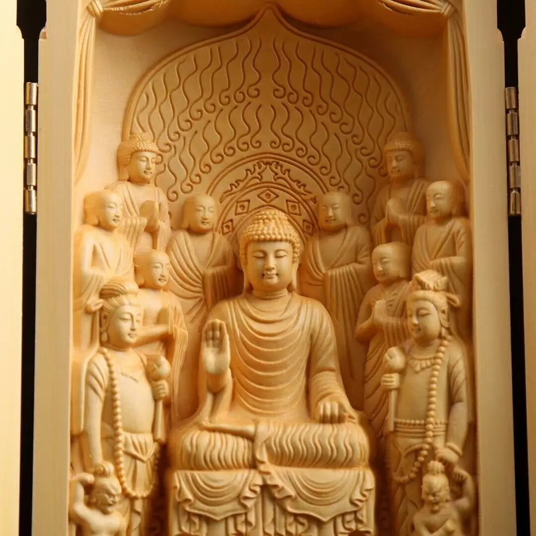 Chinese Nice Art Work Boxwood Wood Hand Carved Buddha Statue  Altar Butsudan Shrine Zen