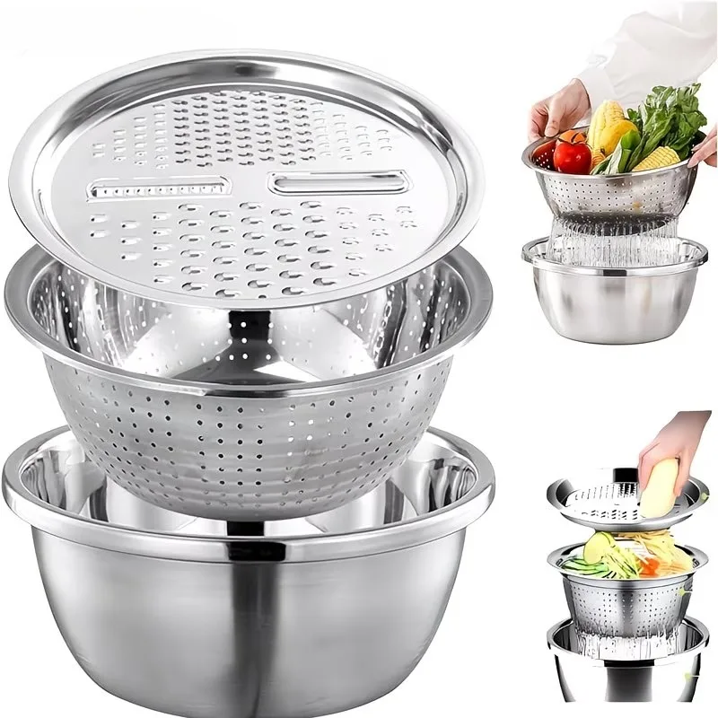 Multi Function Stainless Steel Grater Bowl with Colander Vegetable Slicer Shredder for Potato Carrot Kitchen Washing Basin
