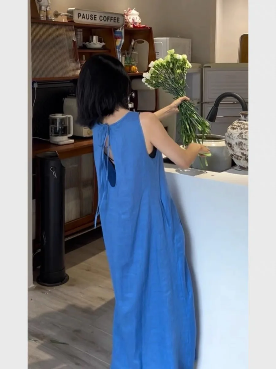 Klein bleu été Bal Svel Dr femmes plage Vaion jupe longue taille haute a-ligne coréenne Sle décontracté rond Ne
