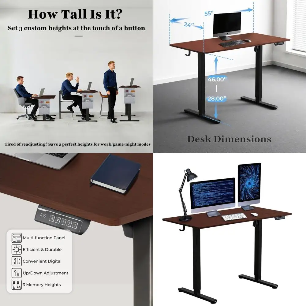 

Электрический регулируемый по высоте стол, 55x24 дюйма, стол для работы сидя/стоя для домашнего офиса или игр, бесшумный мотор, цвет ореховый коричневый