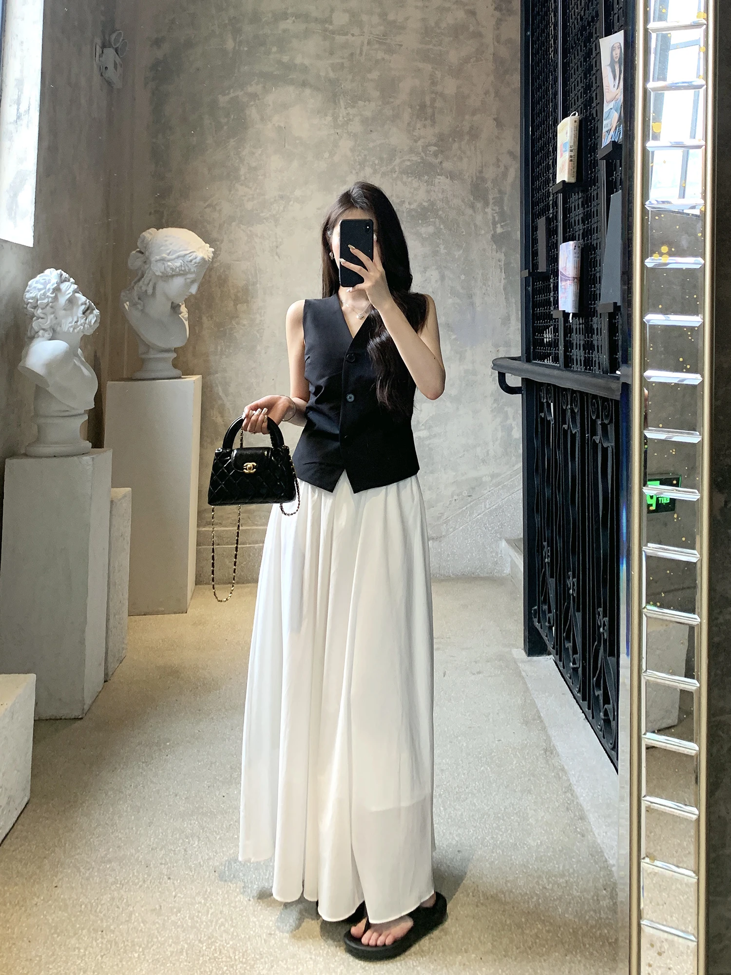 

Bla V-ne Svel Vest Top Pure Color Skirt Two-piece Set Withmxboom Women's Faion Summer Outfit Button Closure