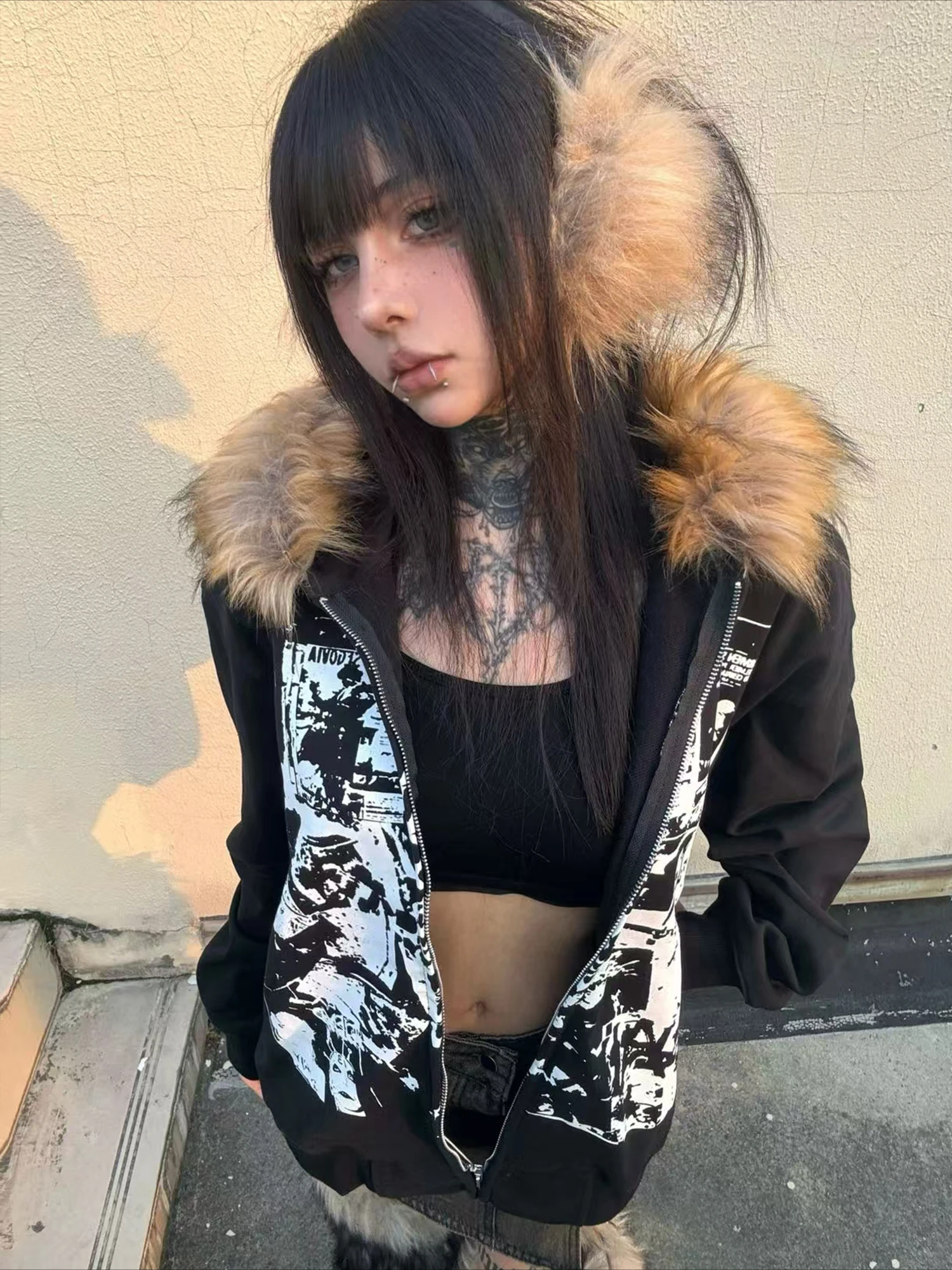 Subculture Coats with Hooded Female Gothic Harajuku Jackets Y2k American Vintage Black Faux Fur Sweatshirts Women Letter Printed