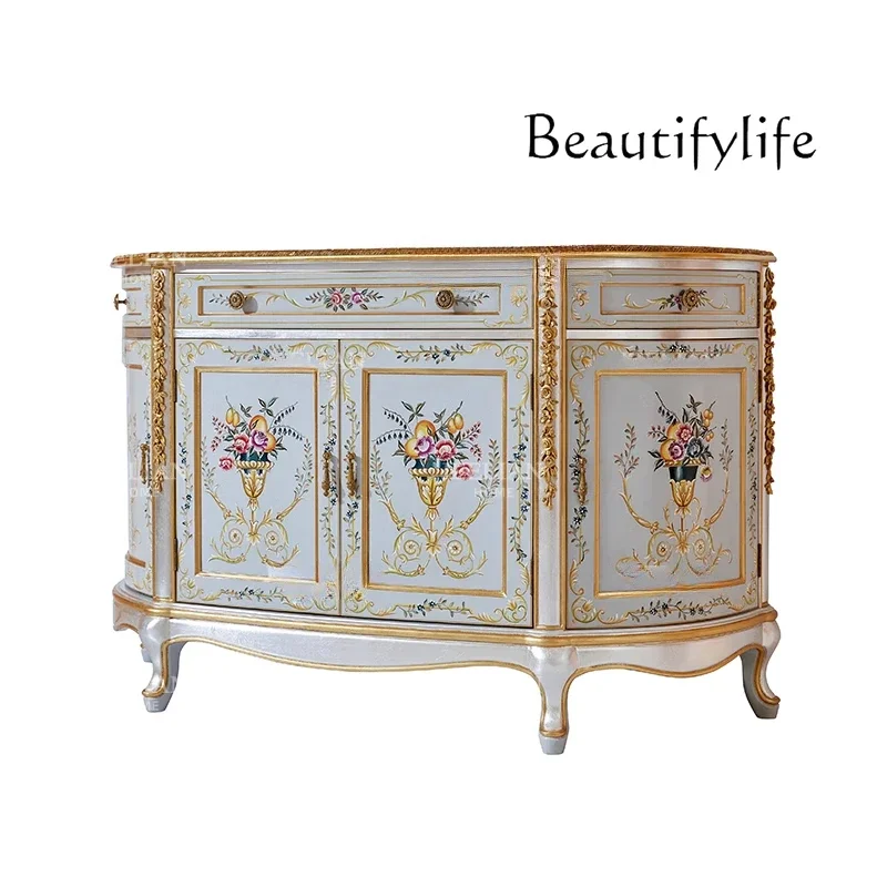 

2025French foyer hand-painted flower and bird entrance cabinet solid wood gold and silver foil engraved storage cabinet